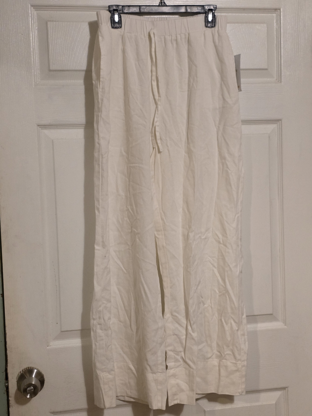 Linen Relaxed Wide-Leg Drawstring Pants in Cream